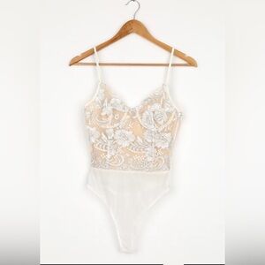 Lulus White Mesh Embroidered Bustier Bodysuit